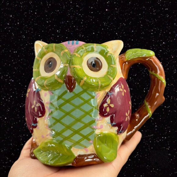 Pier 1 Ceramic Large Owl Coffee Cup Mug Multicolor Bird Whimsical 4.5”T 6”Wide - Picture 5 of 11